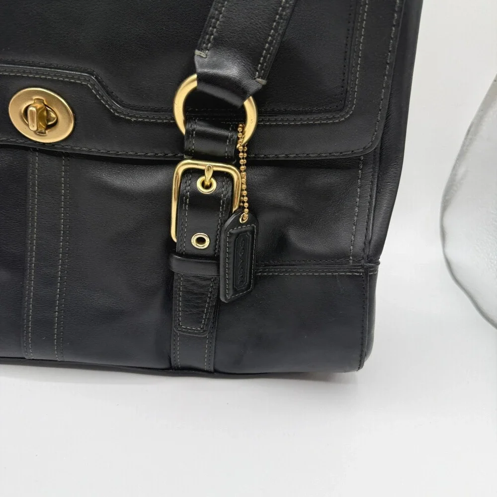 Vintage Coach Leather Shoulder Bag Women Black Turnlock Gold Hardware Satchel